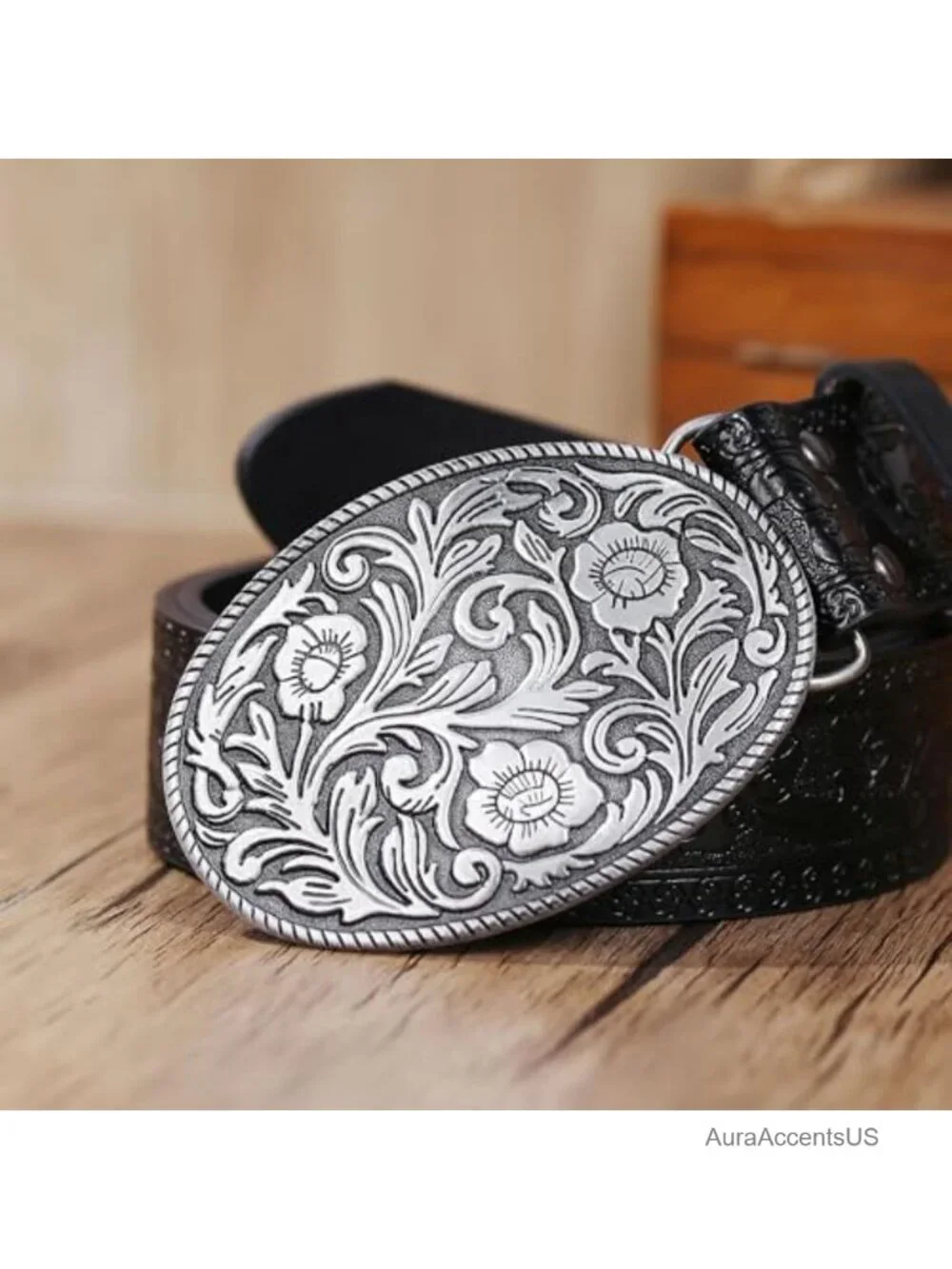 Western PU Leather Cowboy Belt with Vintage Flower Buckle - Women Men